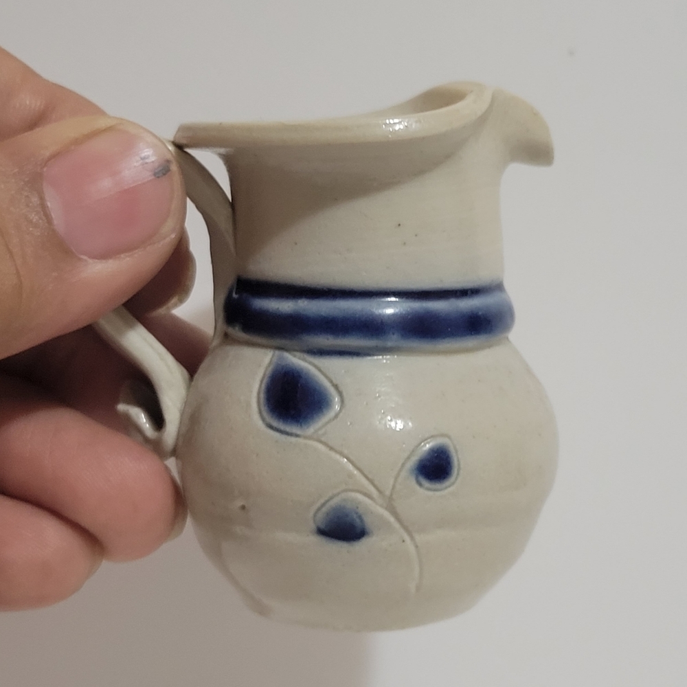 Vintage Cobalt Blue Beige Clay Small Glazed Pitcher Handmade